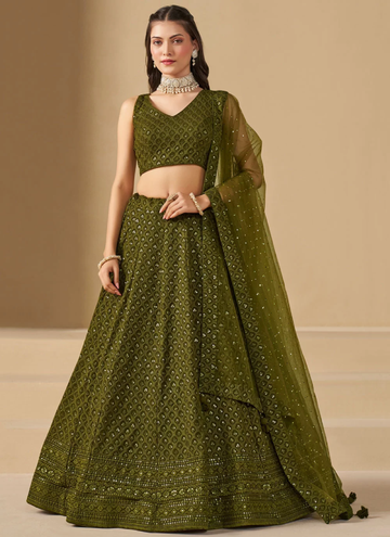 Dazzling Embroidered Work Mehendi Green Lehenga Choli For Wedding